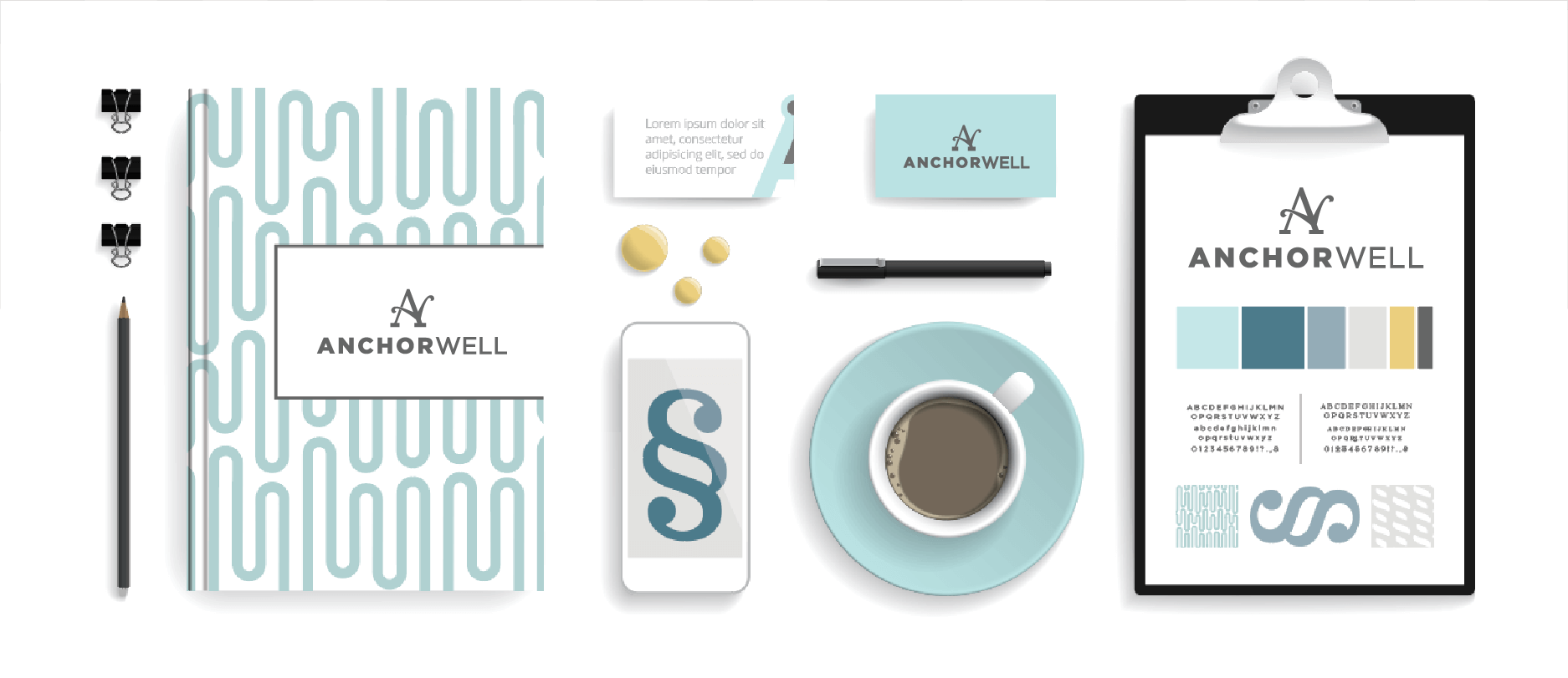 Branding applied to journals, business cards, and stationery for AnchorWell.
