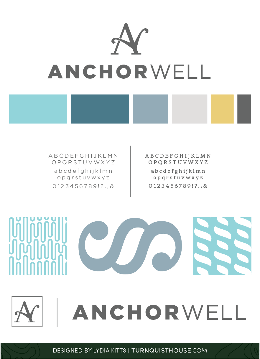 Style Guide- AnchorWell Brand showing logo, color palette, typography and patterns.