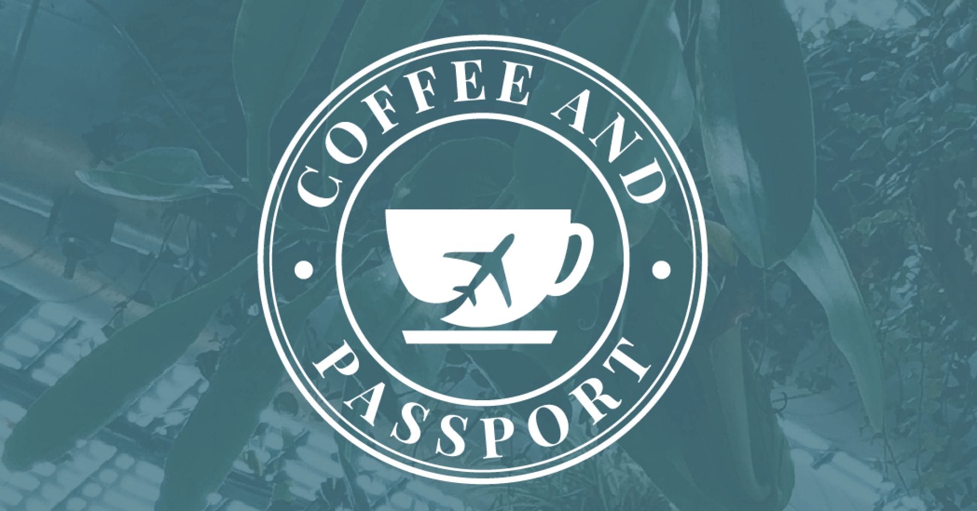 A passport stamp inspired logo, with a coffee cup in the center. The cup has a plane flying through it.
